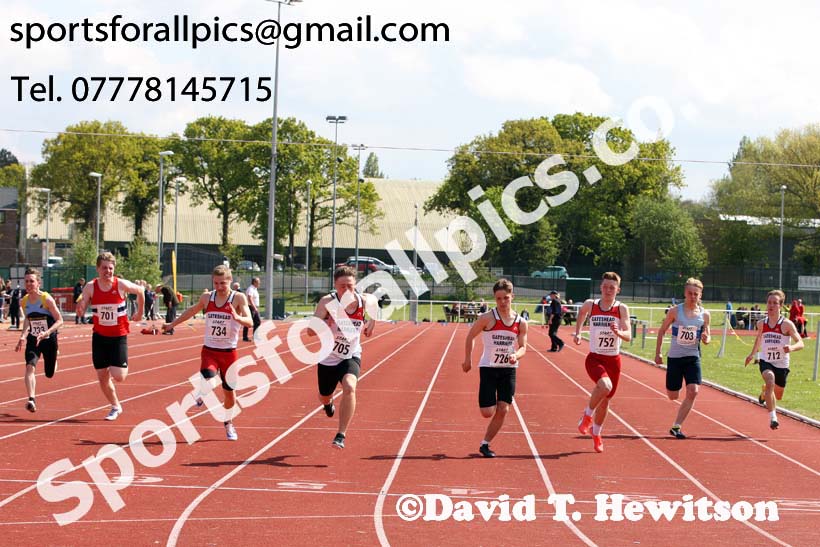 Mens under-17s 100 metres, 2019 North Eastern Track and Field Champs., Middlesbrough. Photo:  David T. Hewitson/Sports for All Pics
